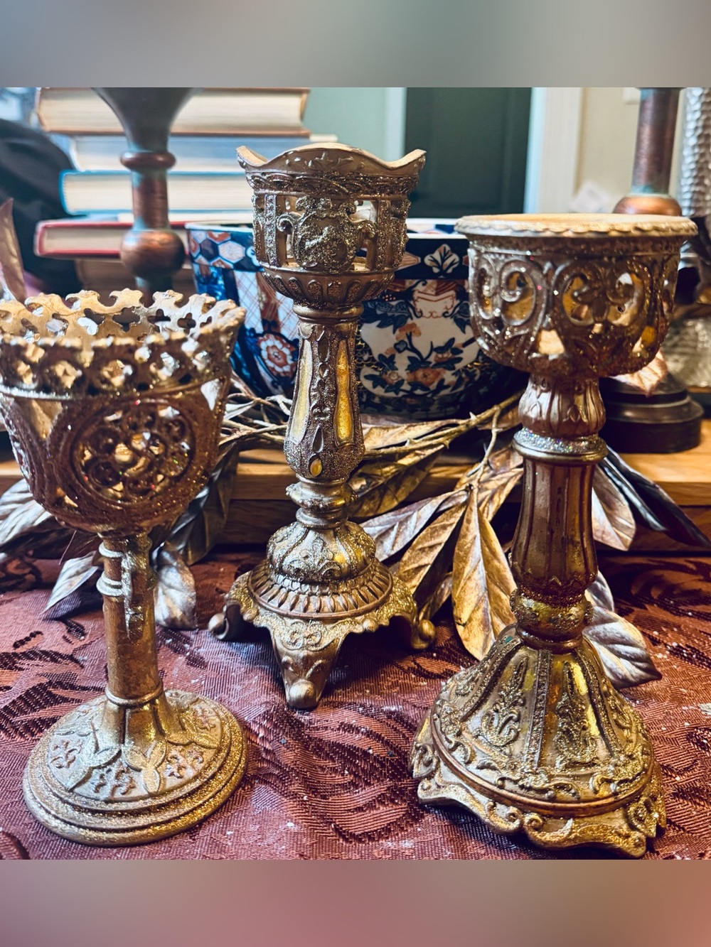 Vintage Gold Ornate Resin Candle Holder Pedestal Set x 3 Dark Academia Gothic